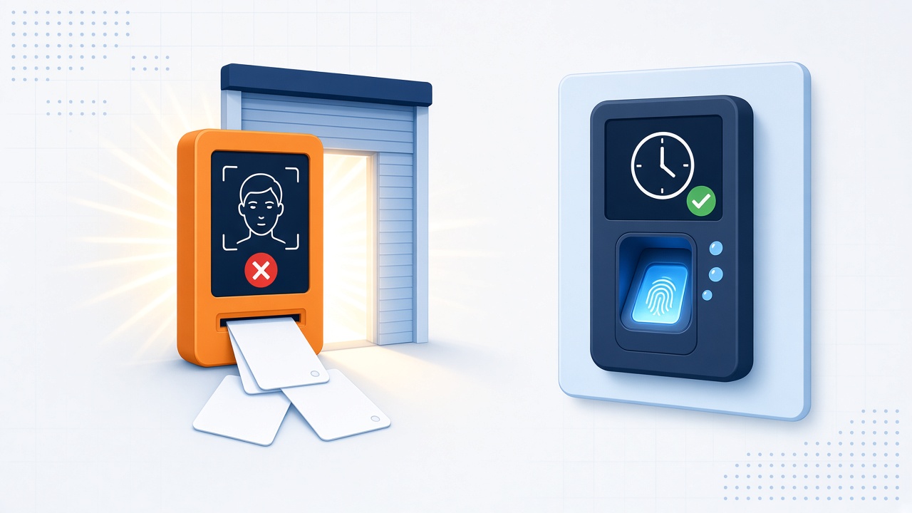 A face recognition terminal failing against a bright doorway with access cards spilling out, beside a fingerprint clocking terminal showing a successful scan